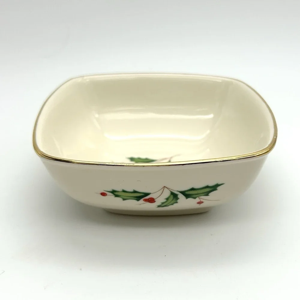 LENOX Holiday Holly Berry Square Dipping Bowl Gold Rim Christmas Porcelain 4